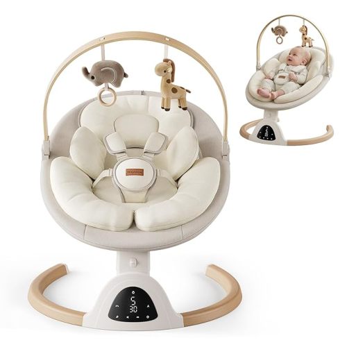 Baby Swings for Infants, TinyGlow Baby Swing, Electric Baby Swing with Remote Control, Portable Infant Swing for Indoor & Outdoor Use (Beige)