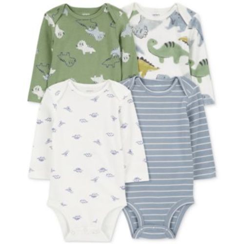 Baby Boys Cotton Long-Sleeve Dinosaur Bodysuits, Pack of 4