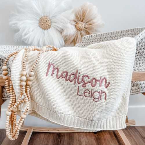 Knitted Baby Blanket, Embroidered Baby Name Blanket, Cotton Baby Blanket, Personalized Baby Blanket, Newborn Name Blankie, Baby Girl Blanket