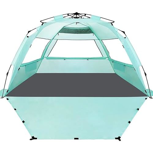 WhiteFang Deluxe Pop Up Beach Tent Sun Shade Shelter for 3-4/5-6 Person, UV Protection, Extendable Floor with 3 Ventilating Windows Plus Carrying Bag, Stakes, and Guy Lines