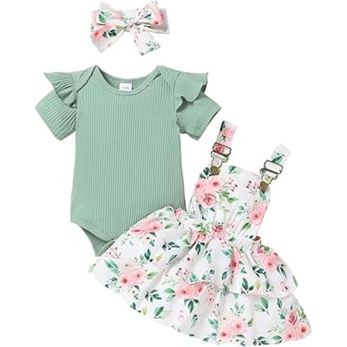 Baby Girl Clothes Cute Summer Outfits Short Sleeve Romper Adjustable Floral Overall Dress Headband 3PCS