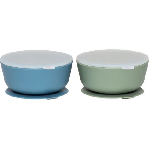 Weesprout Suction Bowls for Baby & Toddlers, 100% Silicone with Plastic Lid, 12 oz - Muted Blue + Muted Green, Set of 2