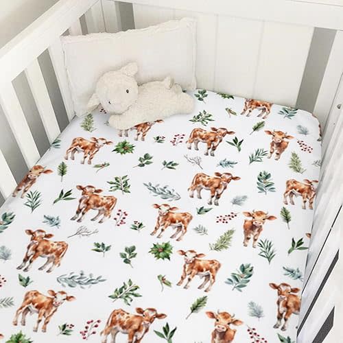 Farm Cows Boho Leaves Baby Crib Sheets 52''x28'' Cute Cattles Farm Animals Fitted Crib Mattress Sheet for Boy Girl Soft Nursery Bed Crib Sheets for Standard Toddler Mattress