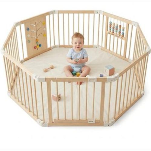 Interactive Wooden Playpen, New Zealand Pine Sensory Activity Center with Abacus & Gears, Tool-Free Safety Gate, CPC Certified (8 Panels)