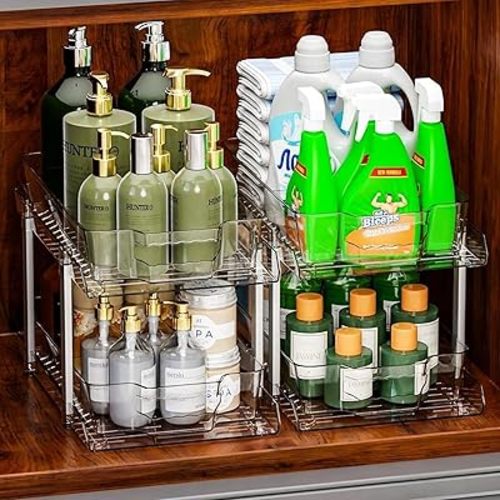 2 Pack Bathroom Under Sink Organizer,14.8″ Deep Undersink Organizers With Dividers,Large-Capacity Under Under Sink Storage Organizer,Clear 2 Tier Pull-Out Organizers and Cabinet Storage Organization