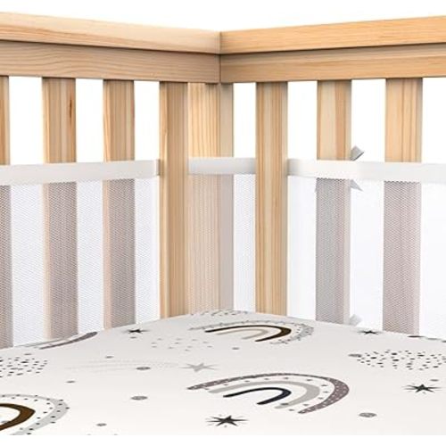 Breathable Mesh Crib Liner, Fits Full-Size Cribs (4 or 3 Sides), Extra-Long Double-Sided Straps, 3mm Mesh, White
