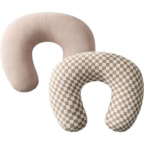 2 Pack Muslin Nursing Pillow Covers, Soft and Adorable Nursing Cover for Breastfeeding Pillows, Pillow Slipcover for Baby Girls Boys Newborn(Khaiki, Coffee Checkered)