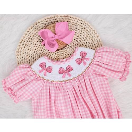 Pink Gingham Smocked Embroidered Sweet Coquette Bows Bubble Outfit, Birthday Romper Bubble, Cute Smocked Romper Sweet One Romper Puff Sleeve