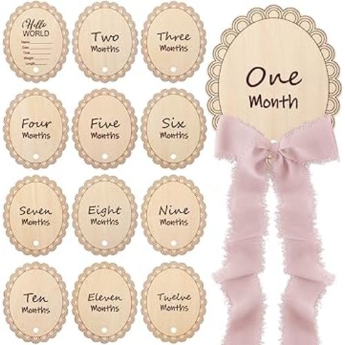 14 Pcs Wooden Monthly Baby Milestone with Ribbon Monthly Milestone Wood Discs Photo Props for Newborn Baby Girl Boy Baby Shower Gifts(Pink)