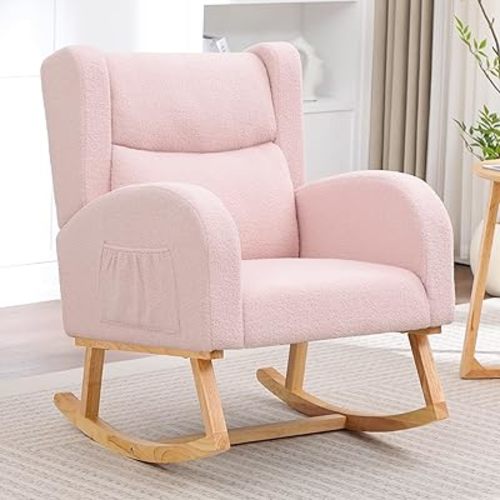 HCHAIRH Nursery Rocking Chair,Teddy Upholstered Nursery Rocking Chairs,Wingback Rocker for Nursery for Living Room Bedroom(Teddy Pink)