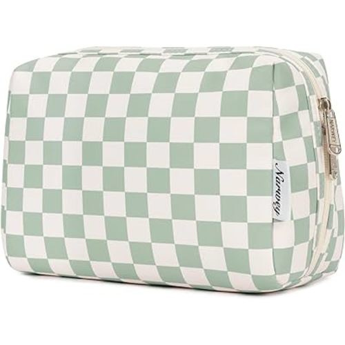 Large Makeup Bag Zipper Pouch Travel Cosmetic Organizer for Women (Large, Mint Green Checkerboard)