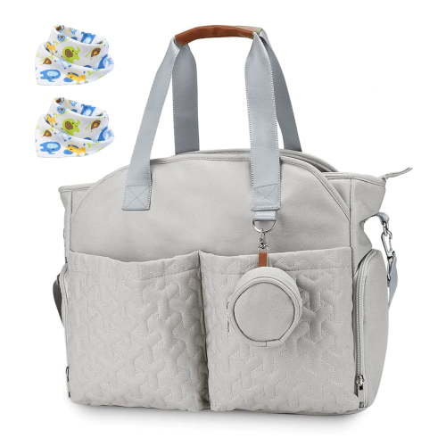 Diaper Bag Tote with Pacifier Holder, iMounTEK Travel Diaper Bag with Adjustable Shoulder Strap and 2 Baby Bibs, Gray