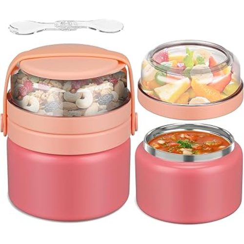 Tarro de comida 2 en 1 con doble aislamiento térmico de sopa de 8 onzas con contenedor de aperitivos, termo para niños para comida caliente, recipientes de almuerzo de boca ancha, acero