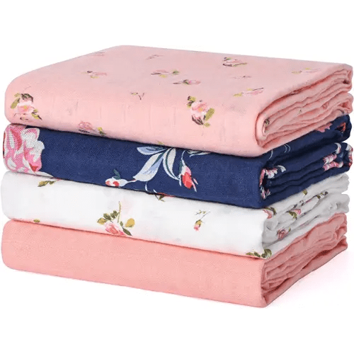 Momcozy Muslin Swaddle Blanket Baby Girl Newborn, 4 Pack Large Wrap Swaddle Blankets Soft Silky Breathable (70% Bamboo + 30% Cotton), Receiving Blanket, Floral Design