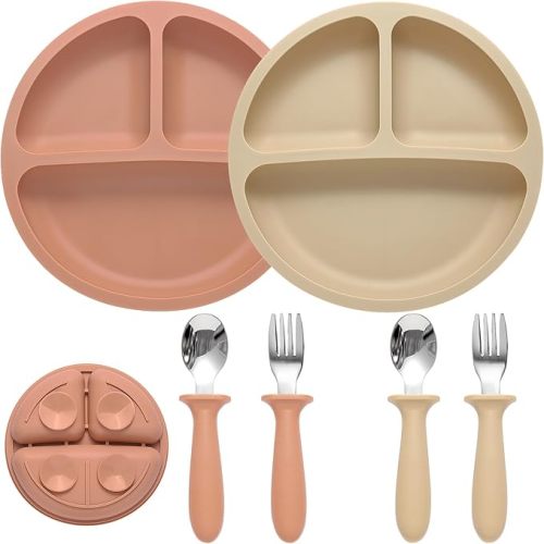 Silicone Baby Feeding Set, 2 Pack Divided Suction Plates for Baby, 2 Pack Spoons and Forks Set Baby Eating Essentials, Feeding Supplies for Toddler Utensils, BPA Free - Pink