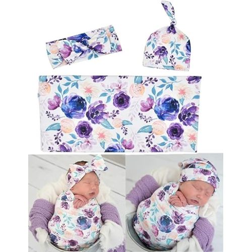 Newborn Baby Swaddle Blankets Beanie Hat Headband Sets,Swaddle Sack,Receiving Blankets Infant Baby Gifts (Purple Flower,0-3 Months),24569