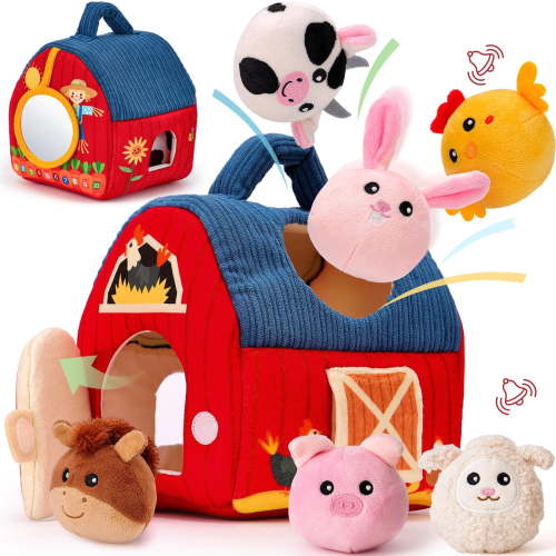 Surprise Barn Stuffed Farm Animals, Rattle, Crinkle, Mirror, Baby Toys 6-12 Months Montessori Toys - for 6 Month Old Sensory Balls 1-3 Plush Baby Valentines Day Gifts Easter Basket Stuffers