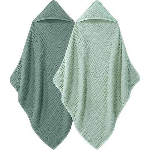 Looxii Baby Bath Towels 2 Pack Muslin Hooded Baby Towels for Newborn and Infants, 100% Cotton, Large 32x32Inch, Soft and Absorbent Gradient Green