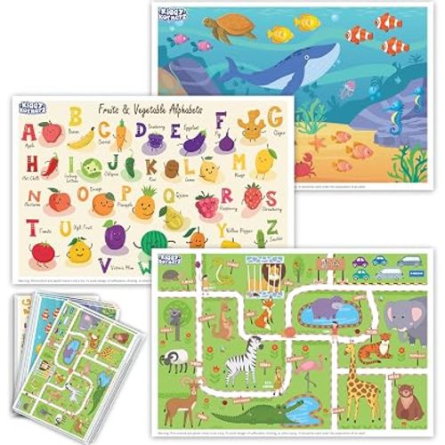40 Pack Waterproof Disposable Placemats for Baby, Place mats for Kids, Toddler - Kids Placemats for Dining Table Tyke, Restaurants, and Travel (Aquarium, Alphabet and Zoo Theme)