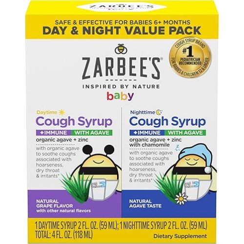 Zarbee's Baby Daytime & Nighttime Cough Syrup + Immune with Organic Agave + Zinc, Daytime Cough Syrup, Grape, & Nighttime Cough Syrup with Chamomile, Agave Taste, Two Pack, 2 x 2 fl. oz