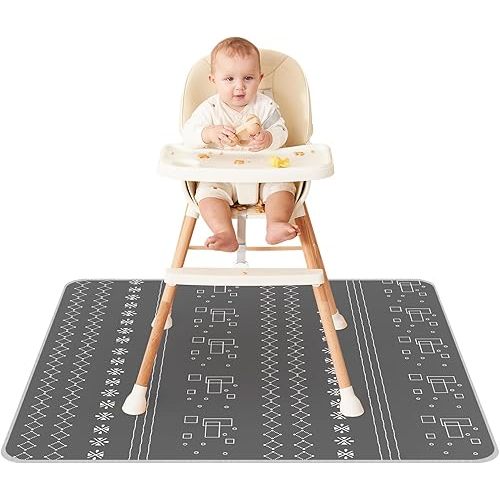 Innokids Baby Splat Mat for Under High Chair 51 x 51 Inch Waterproof and Washable Splash Mat Anti-Slip Floor Protector Under Highchair Mess Prevention (51" x 51", Grey Geometry)