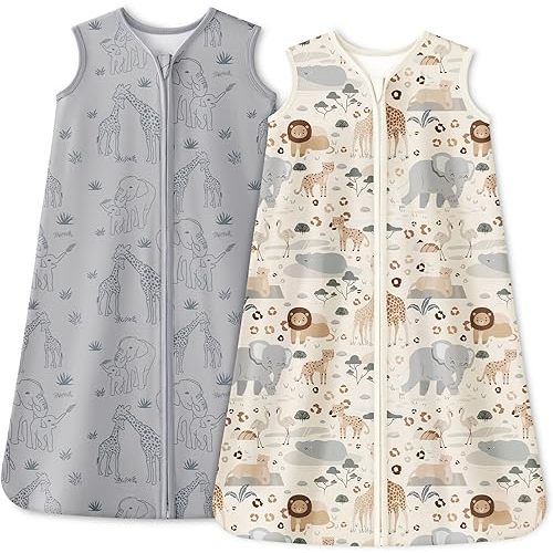 Unnivoll Baby Sleep Sack 0-6 Months 1.0 Tog Baby Wearable Blanket 100% Cotton Sleeping Sack with 2-Way Zipper for Infant Newborn Apricot & Gray Elephant