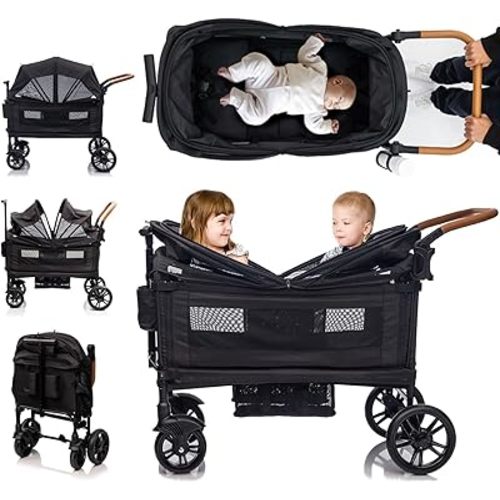 Wagon Stroller for 2 kids & Cargo-Travel Stroller Push-Pull Double Stroller Lightweight Folding Stroller for Newborn&Toddler with 5-Point Harness,Adjustable Handle Bar and Canopy,Tray Table,Cup Holder