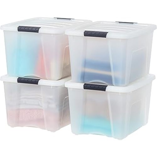 IRIS USA 40 Quart Stackable Plastic Storage Bins with Lids and Latching Buckles, 4 Pack - Pearl, Containers with Lids and Latches, Durable Nestable Closet, Garage, Totes, Tubs Boxes Organizing