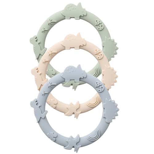 YIVEKO Silicone Teethers for Babies 0-6 6-12 Months Teething Toys for Infants Baby Chew Toys for Sucking Needs Baby Teething Rings for Infant Boys and Girls 3 Pack-Dinosaur-Baby Blue