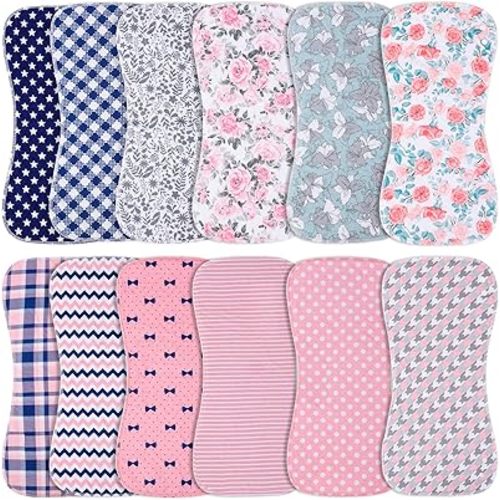 Baby Burp Cloths & Baby Bibs 2-in-1 Design Large Size 3 Layers Thicken 100% Cotton Super Absorbent and Soft Baby Spit Up Burping Rags Baby Burp Cloth Set for Girls 12 Pack