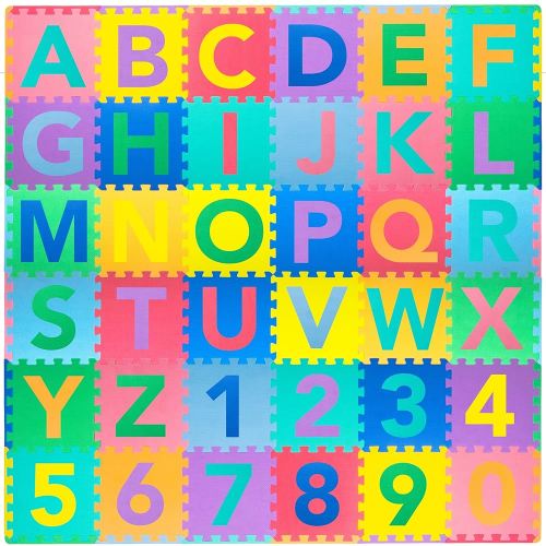 ProSource Kids Puzzle Alphabet, Numbers, 36 Tiles and Edges Play Mat, 12"x12", Abc & 123