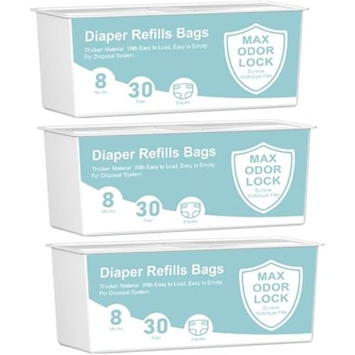 Diaper Pail Refills Bags Compatible with Genie Easy Roll Signature Diaper Pails,Lasts Up to 8 Months,7-Layer Odor-Barrier Technology, 3-Pack (90 Bags)