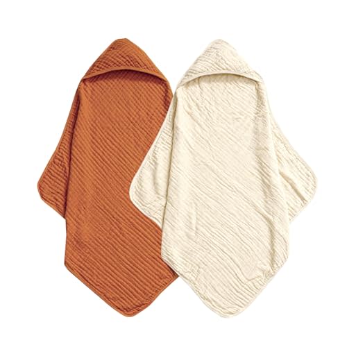 david's kids 2 Pack Hooded Baby Towels, 100% Muslin Cotton Baby Bath Towels, Ultra Soft Breathable Absorbent Towels for Infant Toddler and Kids, Newborn Essentials, Large 32x32Inch, Beige & Brown