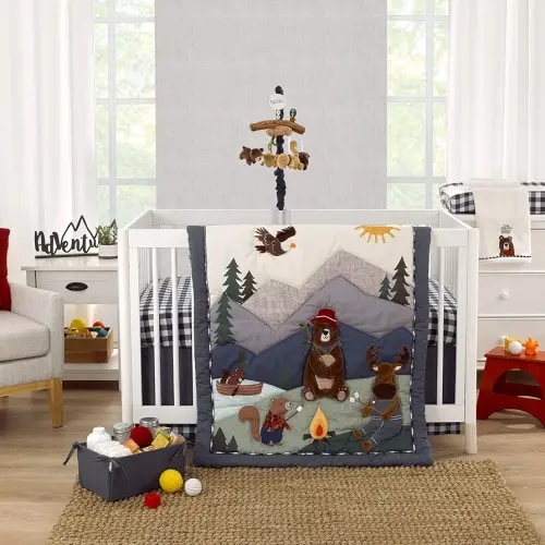 NOJO Into The Wilderness Navy, Green, and Brown, Camping Bear, Moose, Eagle, and Beaver Campfire 4 Piece Nursery Crib Bedding Set - Comforter, Cotton Fitted Crib Sheet, Crib Skirt, and Storage Tote
