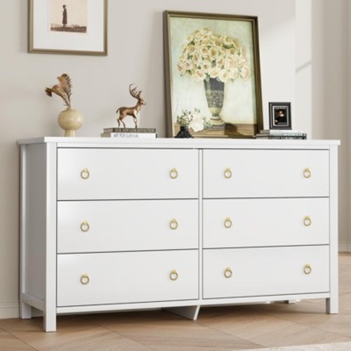 6 Dresser for Bedroom, White Modern Dresser Closet with Vintage Circle Handles, 6 Chest of Drawers Freestanding for Nursery, Living Room, Entryway
