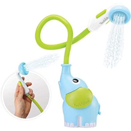Yookidoo Baby Bath Shower Head - Elephant Water Pump with Trunk Spout Rinser - Control Water Flow from 2 Elephant Trunk Knobs for Maximum Fun in Tub or Sink for Newborn Babies (Blue)