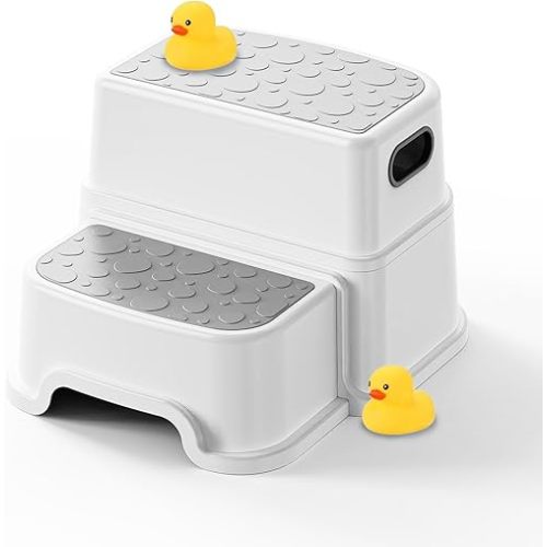 UNCLE WU Toddler Step Stool for Kids - Non-Slip 2 Step Stool for Bathroom Sink & Potty Training, 3-in-1 Dual Height Kitchen Counter, Sturdy Safety Nursery Stool for Boys & Girls (Include 2 Ducks)
