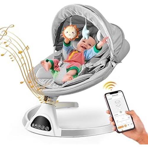Baby Swings for Infants - Exclusive App & Bluetooth Electric Baby Swing, Smart Sensor&Timing, 5 Speeds, 12 Preset Lullabies and Back-Up Pillow, Portable Baby Swing for Indoor/Outdoor(Grey)