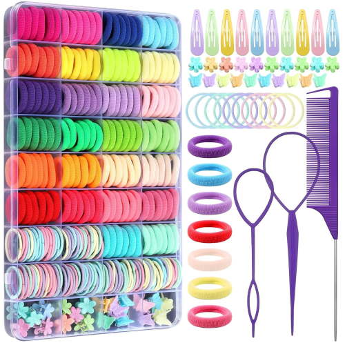 Livhil 31 Colors Hair Rubber Bands with Tail Hair Tools, 393 Pcs Elastic Baby Toddler Hair Ties, Hair Accessories for Girls