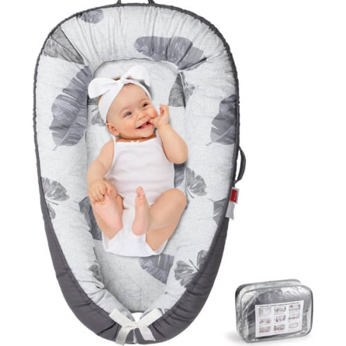 Baby Lounger - Baby Lounger for Newborn 0-24 Months, Co Sleeping Breathable & Soft Baby Nest, Portable and Lightweight Infant Lounger Newborn Babies Essentials Gifts, Grey Leaves