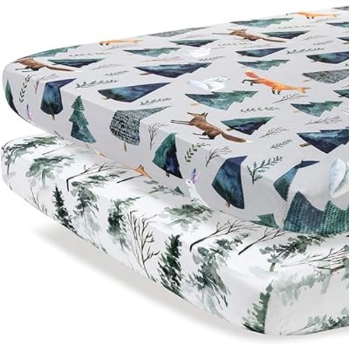 Pobi Baby - 2 Pack Premium Pack N Play Sheets Fitted for Standard Pack and Plays and Mini Cribs - Ultra-Soft Cotton Blend, Stylish Animal Woodland Pattern, Safe and Snug for Baby