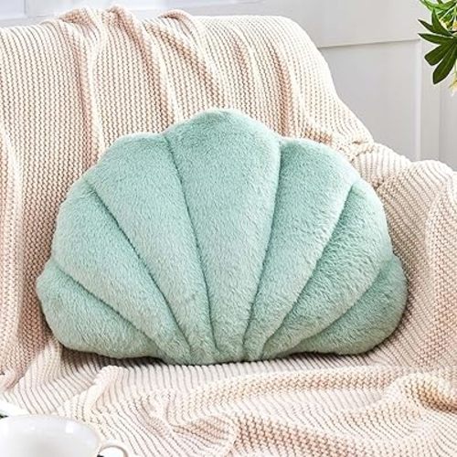 Seashell Pillow, Sage Green Sea Shell Pillows for Bed, 13" Soft Shell Shaped Decorative Ocean Pillow with Faux Rabbit Fur, Cute Beach Room Decor Seashell Plush Pillows for Couch, Bed