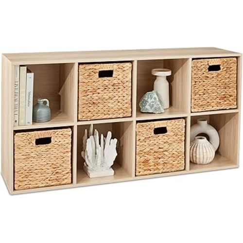Best Choice Products 8-Cube Storage Organizer, 11in Shelf Opening, Bookcase, Display Shelf, Customizable w/ 3 Removable Back Panels – Oak