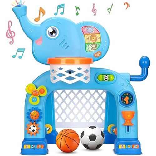 KIZZYEA Toys for 1 2 3 Years Old Boys Girls, Toddler Basketball Hoop & Soccer Goal, Montessori Toy, Interactive Musical Sports Toys with Light, Christmas Birthday Gifts for Baby Kids Age 12-18 Months