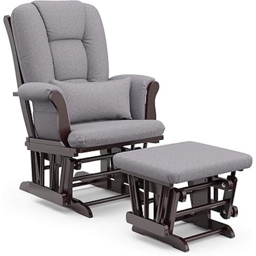 Storkcraft Tuscany Custom Glider and Ottoman with Free Lumbar Pillow (Espresso/Slate Gray Swirl) - Cleanable Upholstered Comfort Rocking Nursery Chair with Ottoman