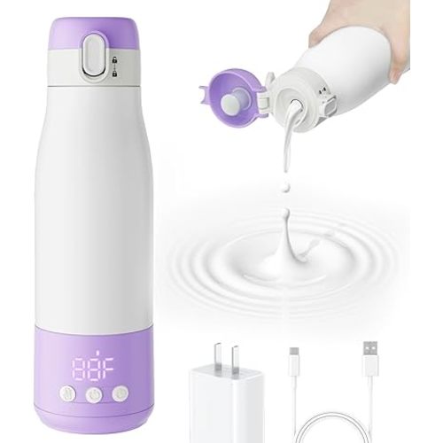 Portable Bottle Warmer, 9000mAh Baby Bottle Warmer for Breastmilk with Timer & Accurate Temperature Control, Bottle Warmer for Travel On-The-Go 12oz Larger Capacity - Purple