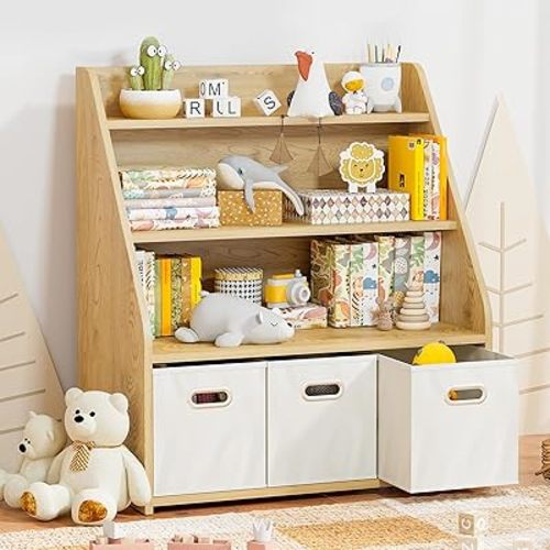 Kids Bookshelf and Toy Organizer, Wooden Kids Bookcase, Toddler Montessori Bookshelf with 3 Movable Drawers, Toy Storage Organizer for Kids Room, Living Room, Nursery