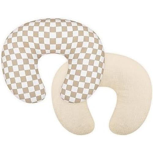 DILIMI Muslin Nursing Pillow Cover 2 Pack, Removable Nursing Cover for Breastfeeding Pillows, Ultra Soft Comfortable Slipcover for Baby Girl and Boy, Beige and Brown Checkered