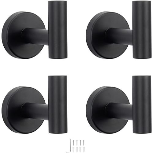 NearMoon Bath Towel Hooks- SUS 304 Stainless Steel Robe Hook Holder, Heavy Duty Coat Hook for Bathroom Livingroom Hotel Kitchen Garage, Wall Mounted- 4 Pack (Matte Black)