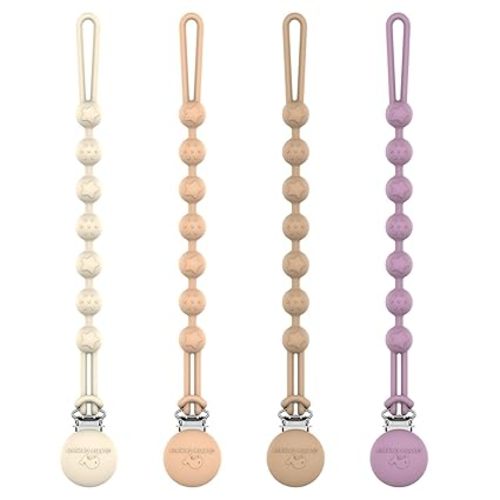 Cuddle Campus Silicone Pacifier Clip Holder with One Piece Design,Soft Flexible Binky Clips with Texture for Baby Boy and Girl Pack of 4(6m+)